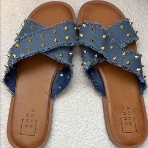 ShuShop Denim Sandals with Gold Studs